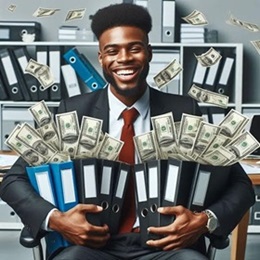 Man with bundles of cash. Annuities and Mutual Funds word art that is missing E&O Insurance